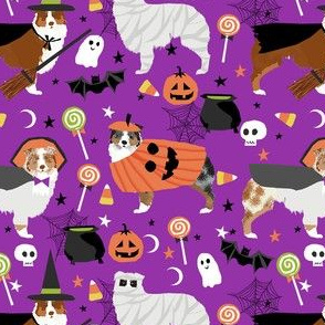 aussie dog halloween fabric - australian shepherd dog fabric,  australian shepherd halloween costume - mixed coats -  dark purple