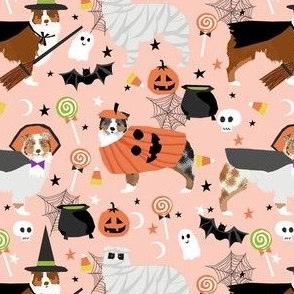 aussie dog halloween fabric - australian shepherd dog fabric,  australian shepherd halloween costume - mixed coats -  light peach