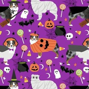 aussie dog halloween fabric - australian shepherd dog fabric,  australian shepherd halloween costume - blue merle - dark purple