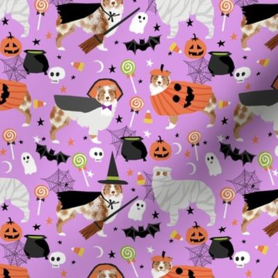 aussie dog halloween fabric - australian shepherd dog fabric,  australian shepherd halloween costume - red merle - lavender