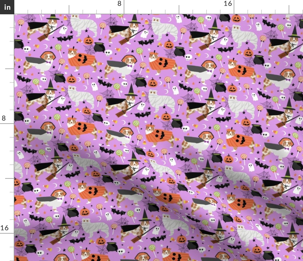 aussie dog halloween fabric - australian shepherd dog fabric,  australian shepherd halloween costume - red merle - lavender