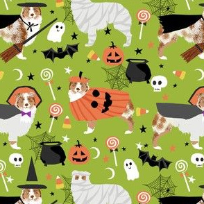 aussie dog halloween fabric - australian shepherd dog fabric,  australian shepherd halloween costume - red merle - lime green