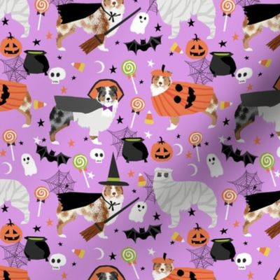 aussie dog halloween fabric - australian shepherd dog fabric,  australian shepherd halloween costume - blue and red merle -  lavender