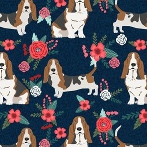 basset hound floral fabric - dog fabric, dog with flowers fabric - navy blue