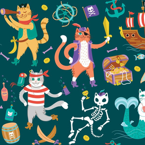 Pirate Cats in Deep Ocean Green