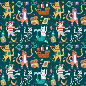 Pirate Cats in Deep Ocean Green {small}