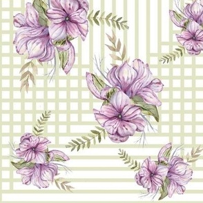 Lavender Magnolias on Leaf Green Lattice on White