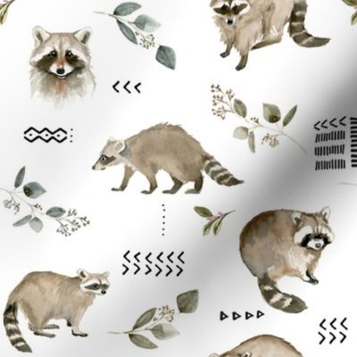 Watercolor Raccoons and Mudcloth // White