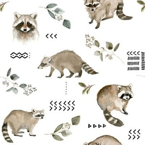 Watercolor Raccoons and Mudcloth // White