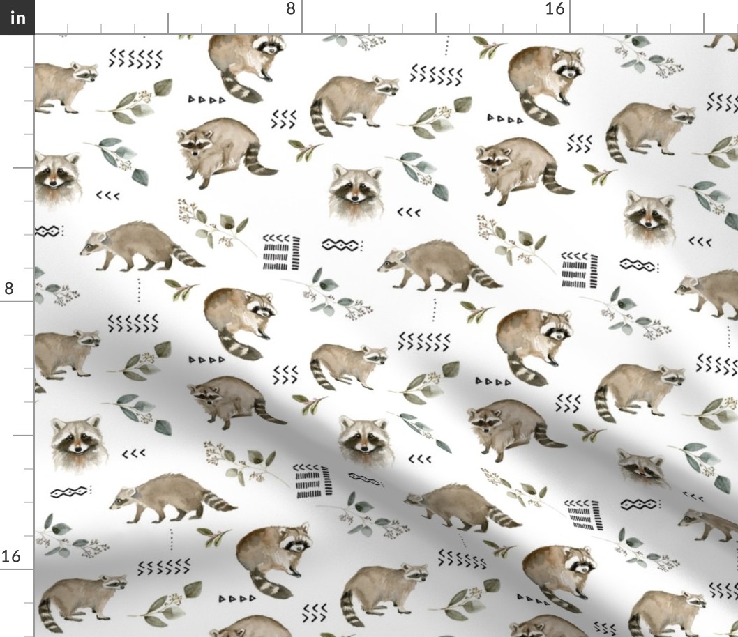 Watercolor Raccoons and Mudcloth // White