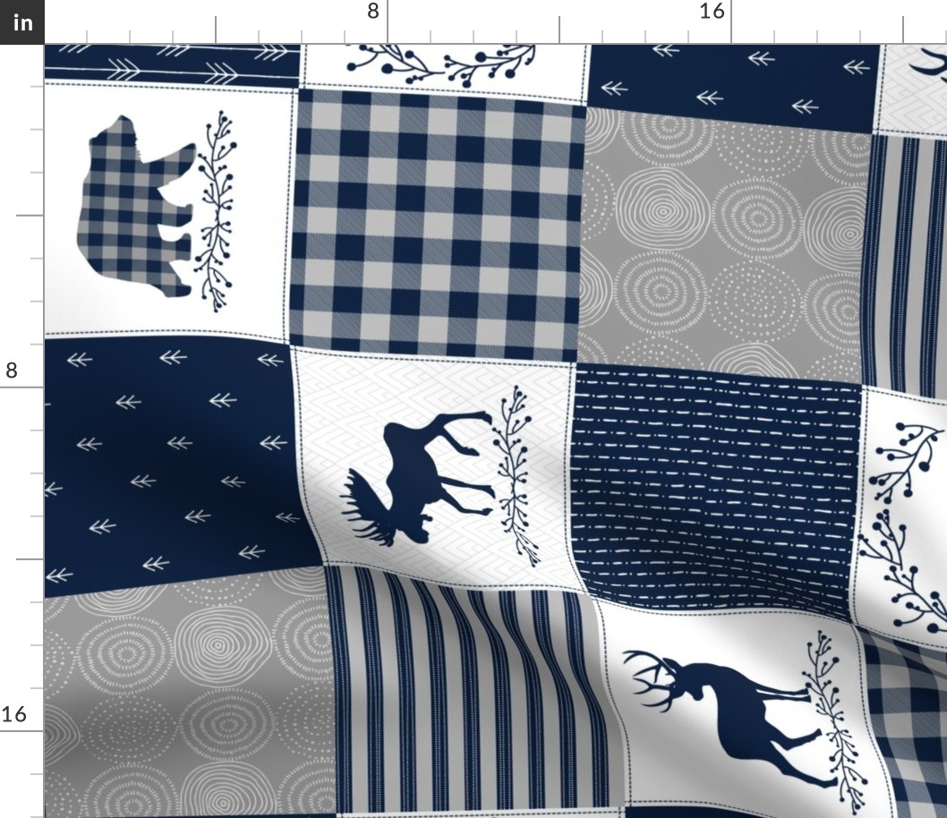 Wild and Free Woodland Patchwork (navy and gray) Cheater Quilt Blanket ROTATED
