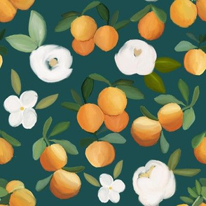 oranges and florals on dark teal