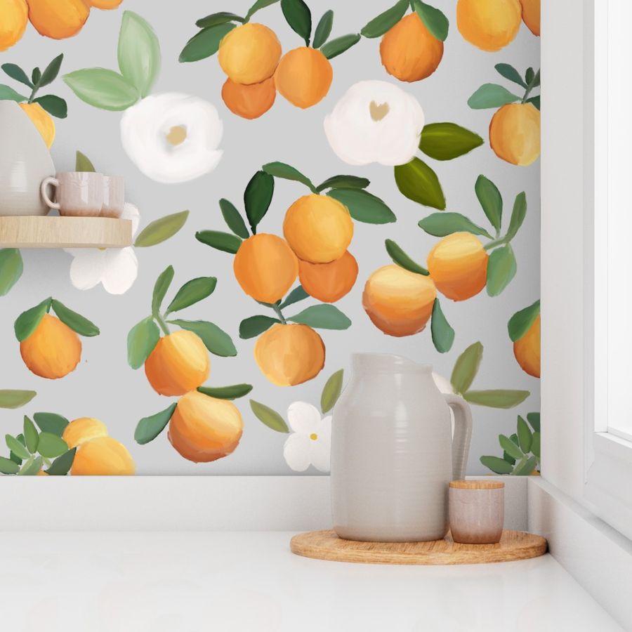 oranges and florals on light gray