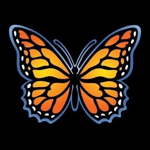 Monarch butterfly outlined in blue on black background