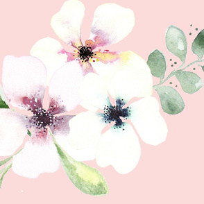 White watercolor flowers with peach blush big scale.  Use the design for bedroom walls and interioe