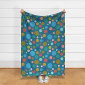 Clown Spots - olive, blue and pink on teal - large scale