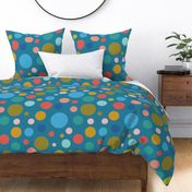 Clown Spots - olive, blue and pink on teal - large scale