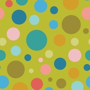 Clown Spots - teal and mustard on olive green - medium scale