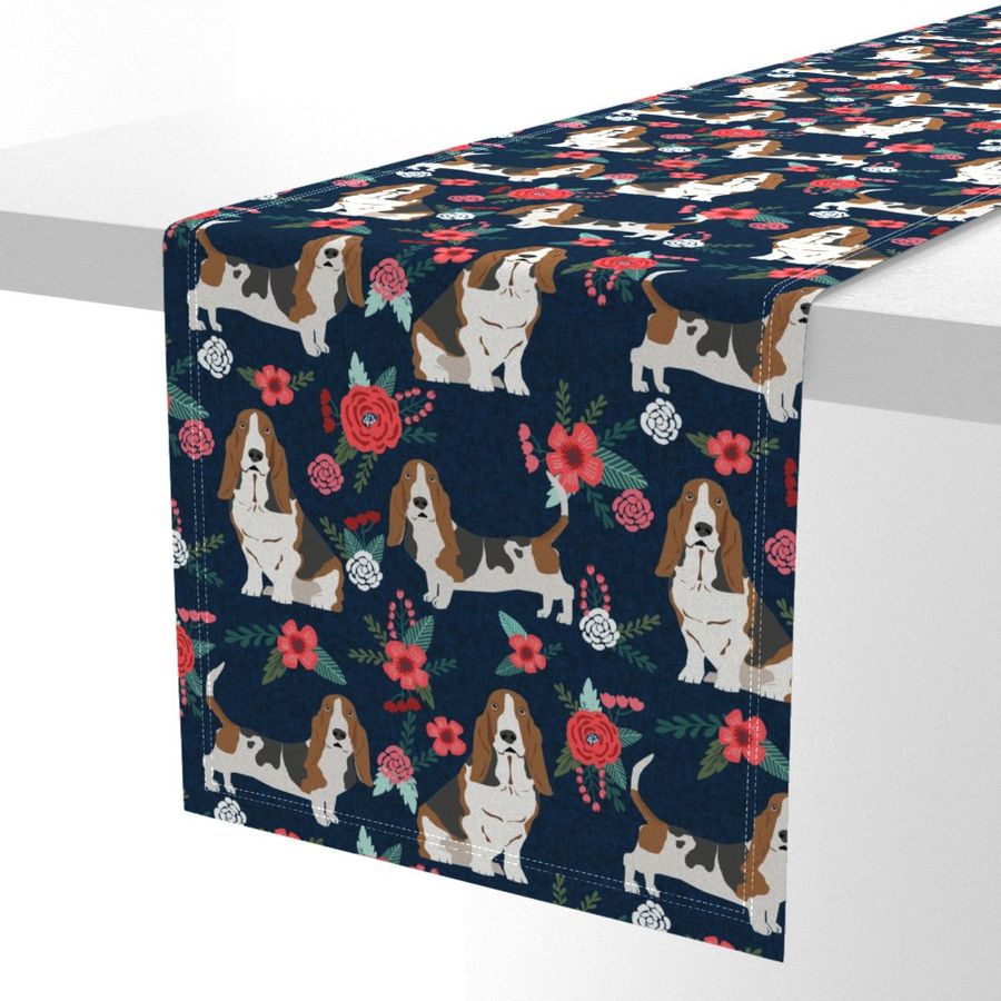 LARGE - basset hound floral fabric - dog fabric, dog with flowers fabric - navy blue