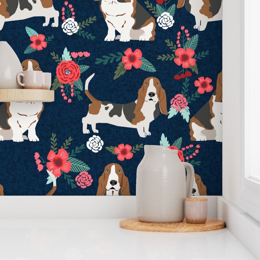 LARGE - basset hound floral fabric - dog fabric, dog with flowers fabric - navy blue