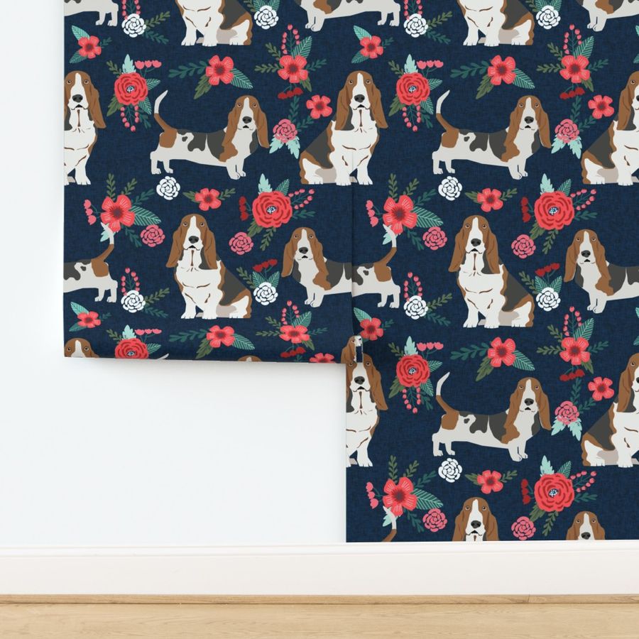 LARGE - basset hound floral fabric - dog fabric, dog with flowers fabric - navy blue