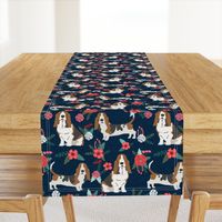 LARGE - basset hound floral fabric - dog fabric, dog with flowers fabric - navy blue