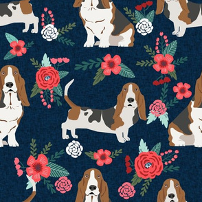 LARGE - basset hound floral fabric - dog fabric, dog with flowers fabric - navy blue
