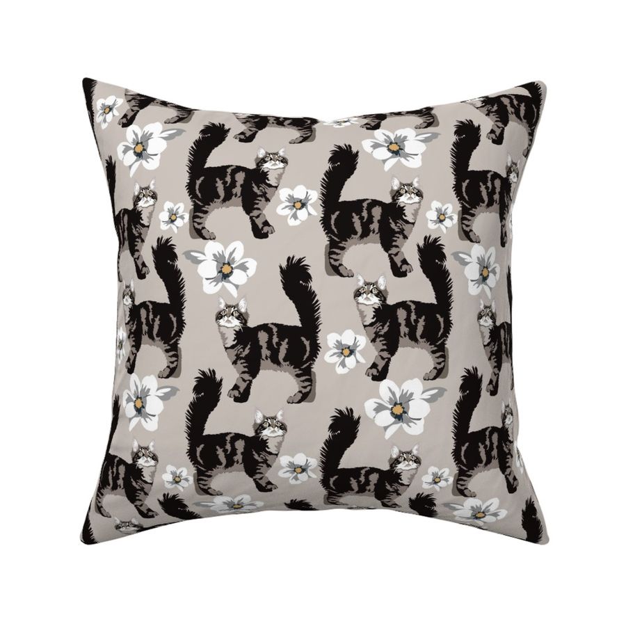 Gray Tabby Cat and White Magnolia flowers Large Print- Cat Fabric cute kitten kitty 