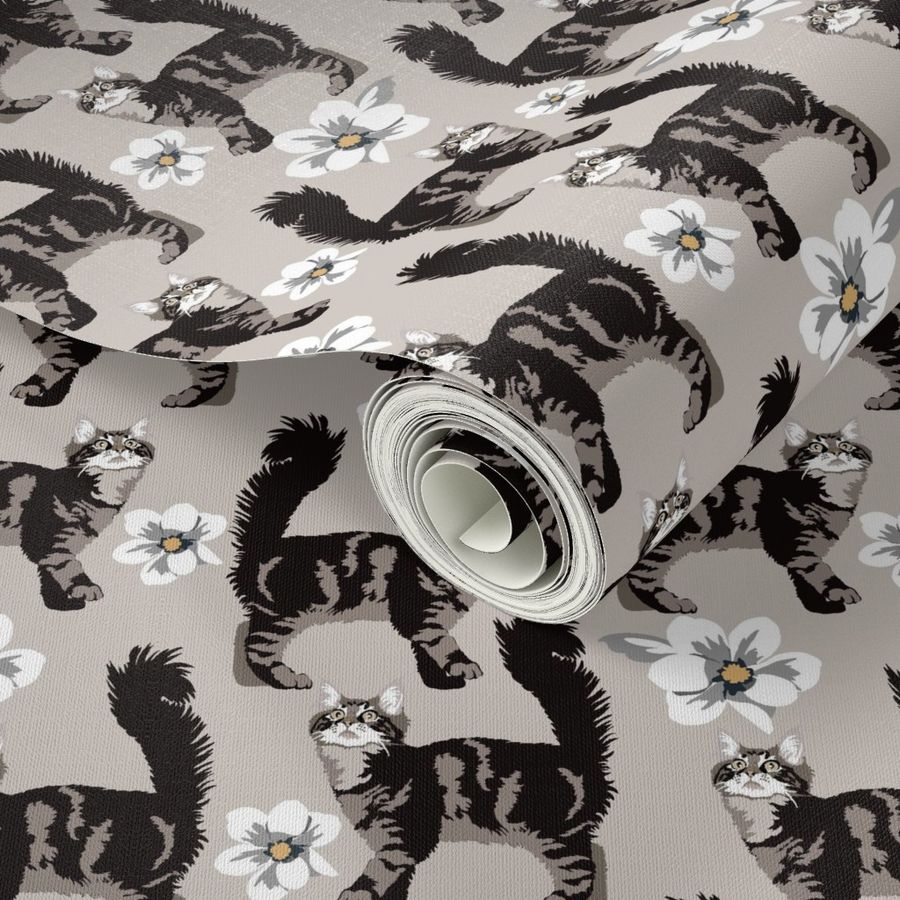 Gray Tabby Cat and White Magnolia flowers Large Print- Cat Fabric cute kitten kitty 