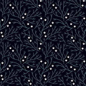 Night flowers. Floral fabric with branches and small white flowers.
