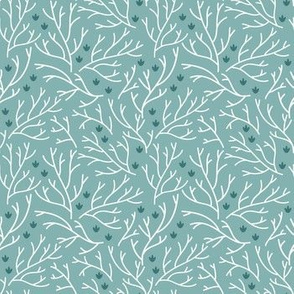 Tiny flowers. Floral fabric with branches and small white flowers.