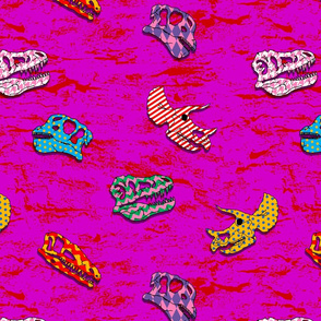 patterned dinosaur fossils on light purple and red