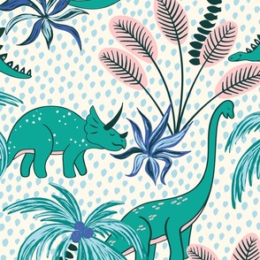 tropical dinosaurs - light blue dotted background/large scale