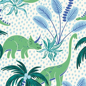 tropical dinosaurs - blue and green/large scale