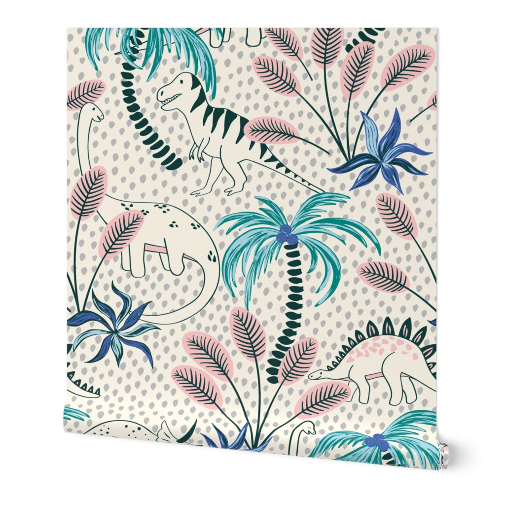 tropical dinosaurs - light grey dotted background/large scale