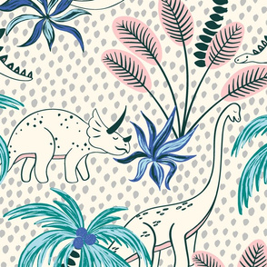 tropical dinosaurs - light grey dotted background/large scale