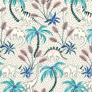 tropical dinosaurs - light gray dotted background/medium scale