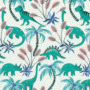 tropical dinosaurs - light blue dotted background/medium scale