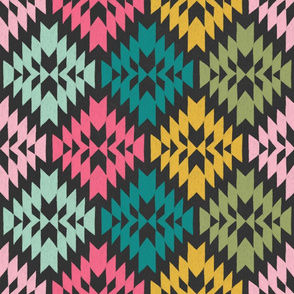 Multi Colored Tribal Geo Pink, Turquoise, Aqua, Green and Yellow on Charcoal Black Ground