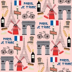 paris fabric - paris landmarks fabric, french fabric, france fabrics, - light pink