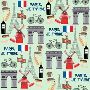 paris fabric - paris landmarks fabric, french fabric, france fabrics, - mint