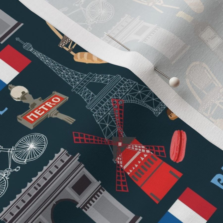 paris fabric - paris landmarks fabric, french fabric, france fabrics, - navy