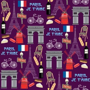 paris fabric - paris landmarks fabric, french fabric, france fabrics, - eggplant