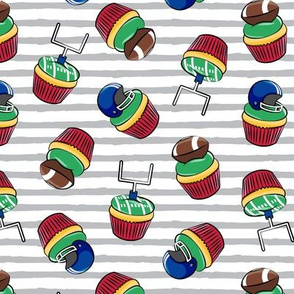 Football Cupcakes - Cute Football  and goal post cupcakes - fall sports - blue and red on grey stripes - LAD19