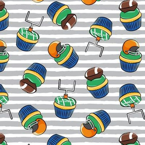 Football Cupcakes - Cute Football  and goal post cupcakes - fall sports - orange and blue on grey stripes - LAD19