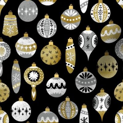 vintage ornaments fabric - retro ornaments, christmas fabric, christmas ornaments fabric - black silver gold