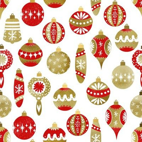 vintage ornaments fabric - retro ornaments, christmas fabric, christmas ornaments fabric - red and gold