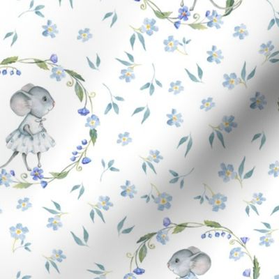 9" Cute baby mouse girl and flowers, mouse fabric, baby fabric,nursery fabric and mouse nursery on flower meadow