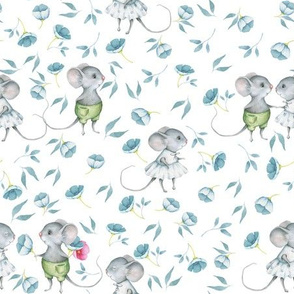 9" Cute baby mouse girl and flowers, mouse fabric, baby fabric,nursery fabric and mouse nursery on flower meadow