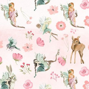 12" Woodland Fairies and Animals on pink blush watercolor background